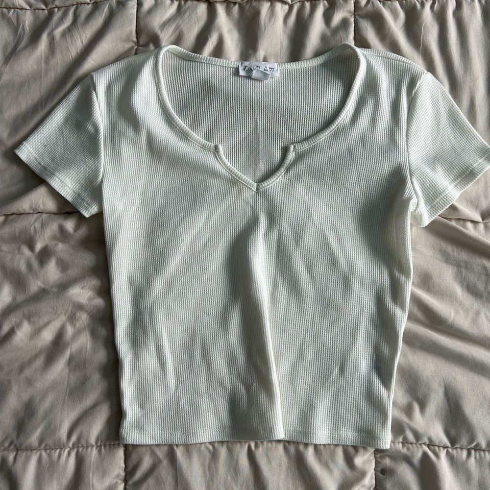 Elegant Cream Short Sleeve Ribbed Top